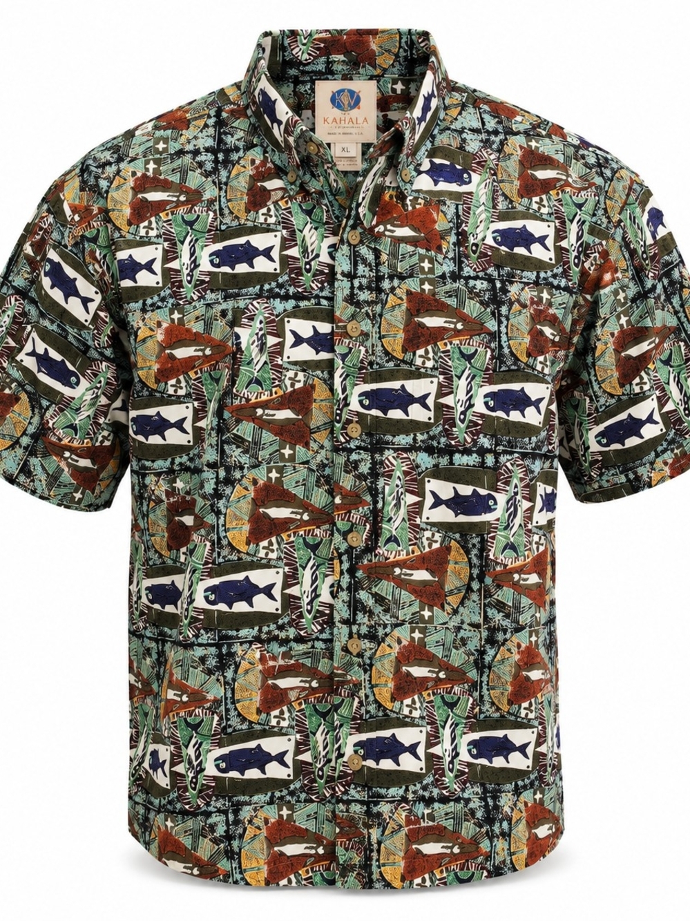 Kahala Men's Green Fish Print Short-Sleeve Button-Down Shirt